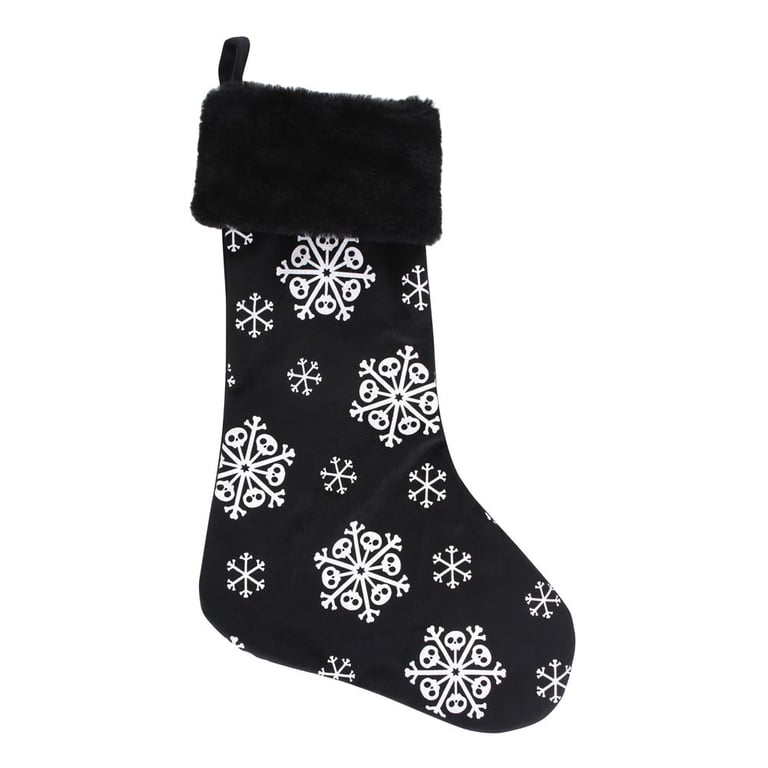 Creepy Black Faux Fur Christmas Stocking with Skull Snowflake Pattern