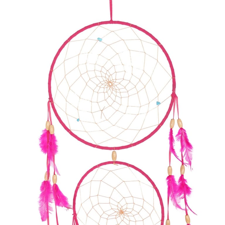 Pink Triple Dreamcatcher with Feathers and Boho Tassels - Home Decor