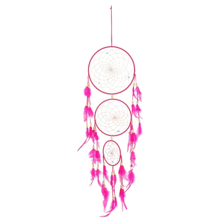 Pink Triple Dreamcatcher with Feathers and Boho Tassels - Home Decor