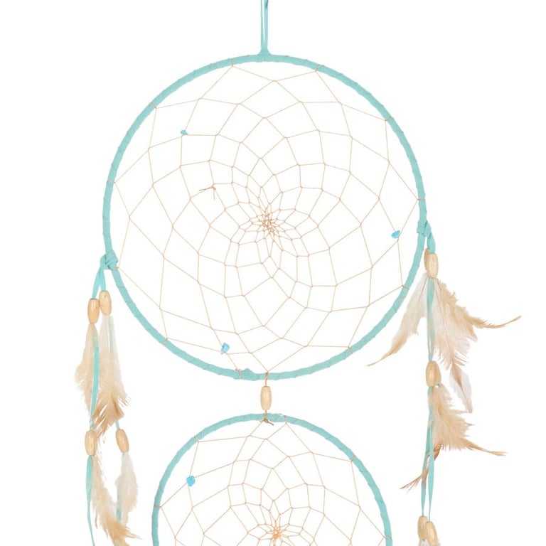 Light Blue Triple Hoop Dreamcatcher with Natural Feathers and Beads