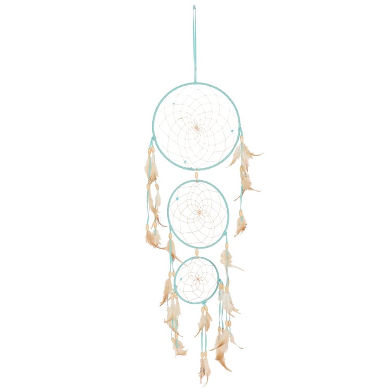 Light Blue Triple Hoop Dreamcatcher with Natural Feathers and Beads