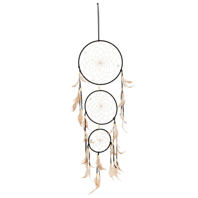 Black Triple Dreamcatcher with Natural Feathers and Blue Beads - Boho Home Decor