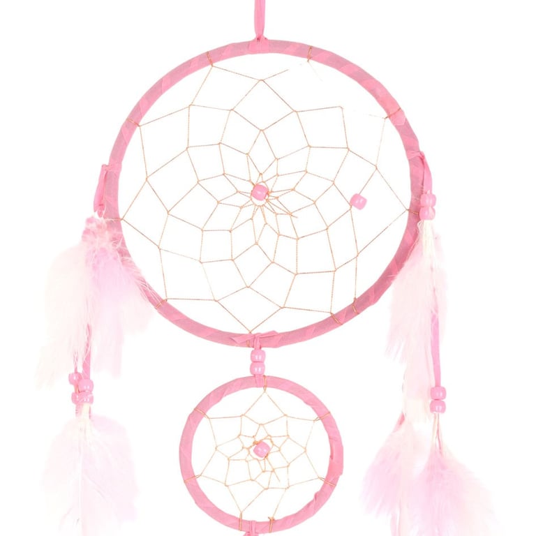Light Pink Double Dreamcatcher with Tassels and Feather Accents for Home Decor
