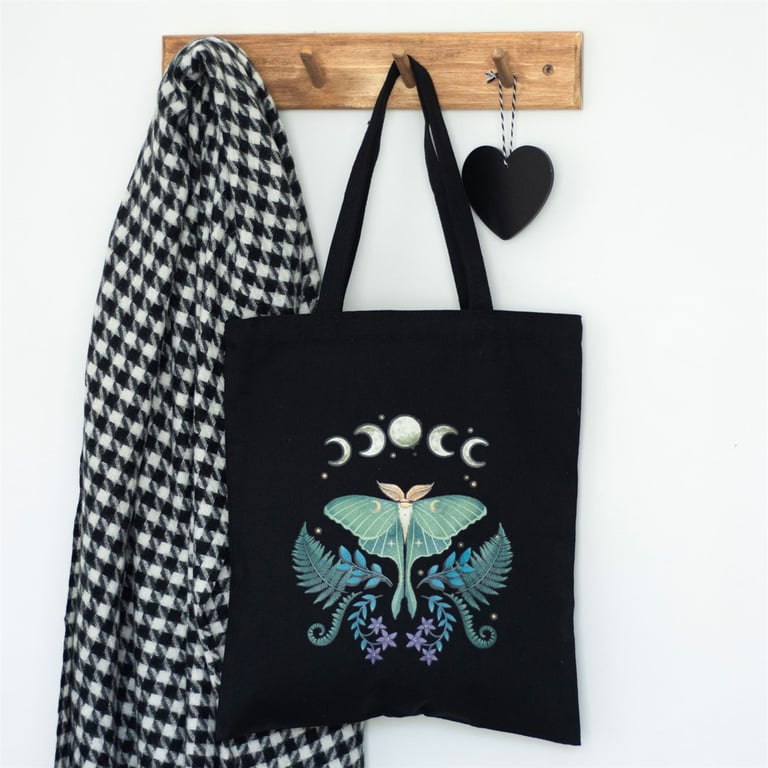 Luna Moth Eco-Friendly Tote Bag - Durable Black Cotton Canvas Design