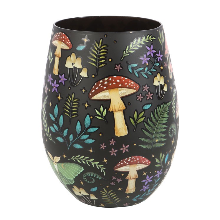 Dark Forest Print Stemless Glass - Whimsical Floral & Celestial Design, Moon & Star Accent