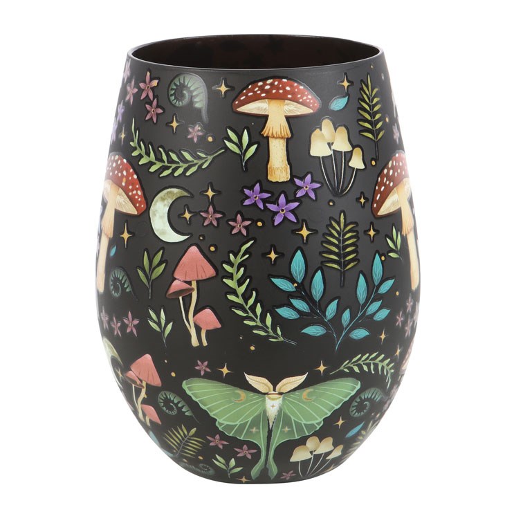Dark Forest Print Stemless Glass - Whimsical Floral & Celestial Design, Moon & Star Accent