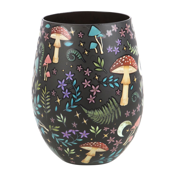 Dark Forest Print Stemless Glass - Whimsical Floral & Celestial Design, Moon & Star Accent