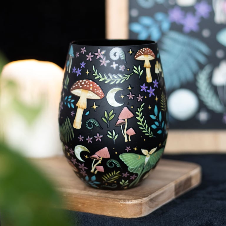 Dark Forest Print Stemless Glass - Whimsical Floral & Celestial Design, Moon & Star Accent