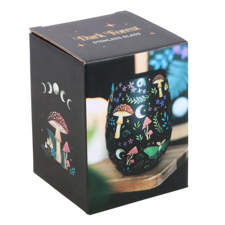 Dark Forest Print Stemless Glass - Whimsical Floral & Celestial Design, Moon & Star Accent
