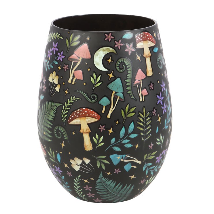 Dark Forest Print Stemless Glass - Whimsical Floral & Celestial Design, Moon & Star Accent