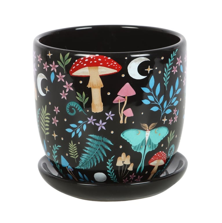 Dark Forest Print Ceramic Plant Pot Set with Matching Saucer
