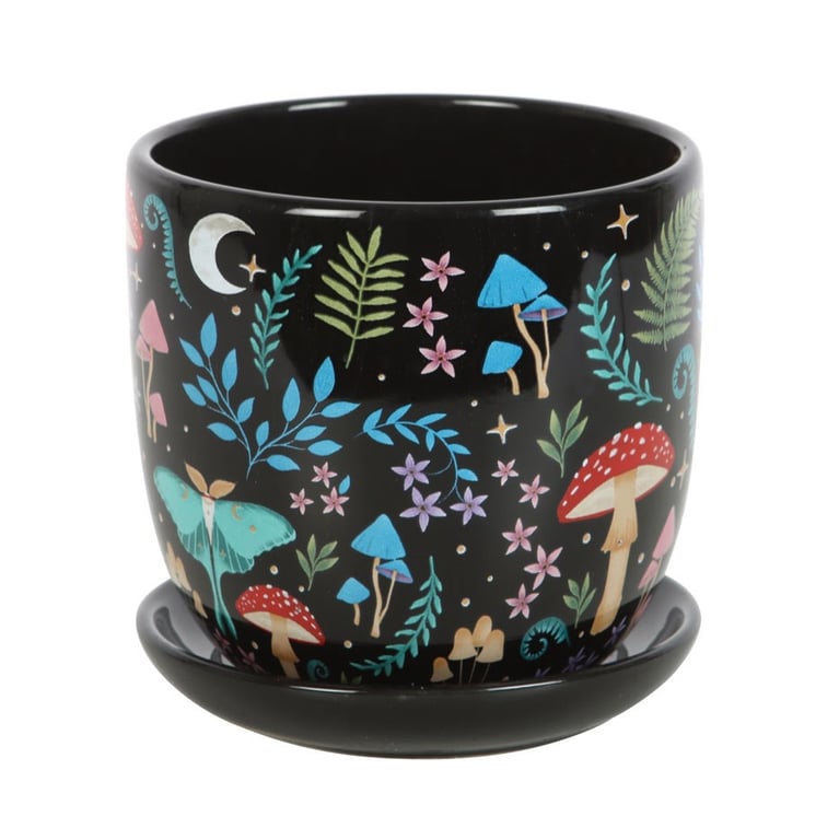 Dark Forest Print Ceramic Plant Pot Set with Matching Saucer