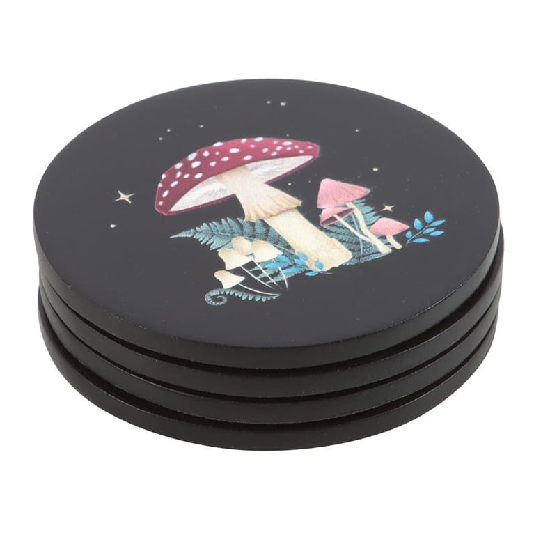 Dark Forest Coaster Set - Magical Mushroom and Moon Phase Designs, 4 Protective Coasters
