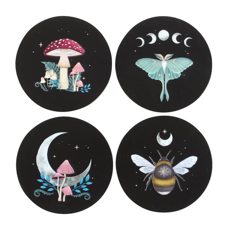 Dark Forest Coaster Set - Magical Mushroom and Moon Phase Designs, 4 Protective Coasters