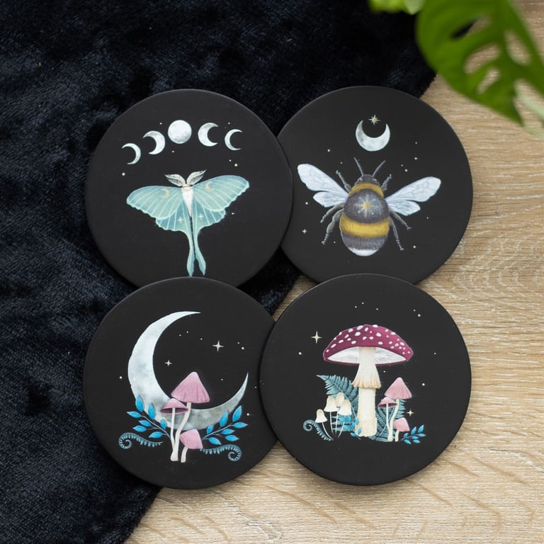 Dark Forest Coaster Set - Magical Mushroom and Moon Phase Designs, 4 Protective Coasters