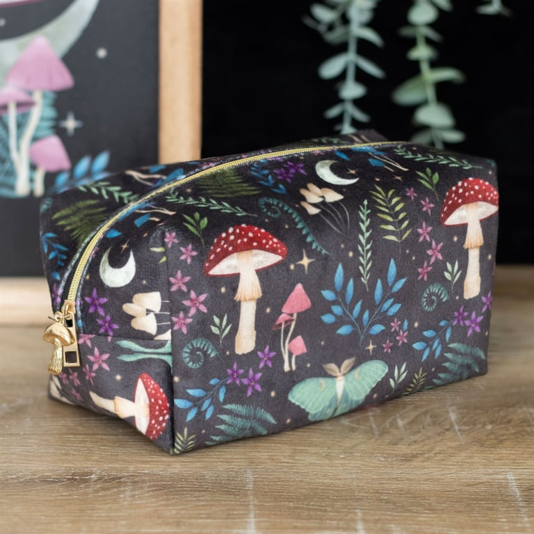 Dark Forest Print Makeup Bag with Gold Bee Accent and Storage Tassel