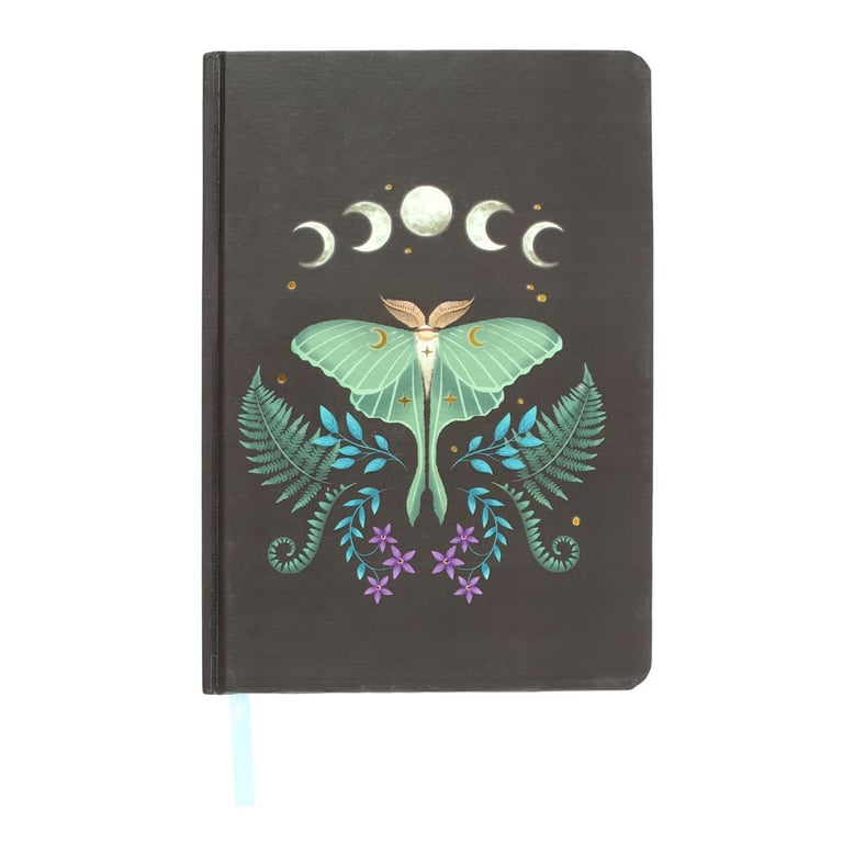 Luna Moth A5 Notebook - Gold Foil Edges & Ribbon Marker, 200 Lined Pages for Journaling and Notes