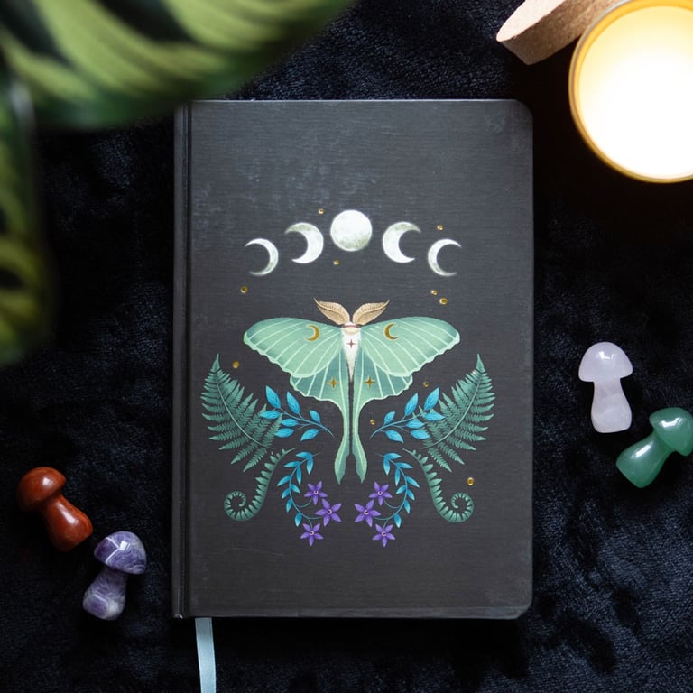 Luna Moth A5 Notebook - Gold Foil Edges & Ribbon Marker, 200 Lined Pages for Journaling and Notes