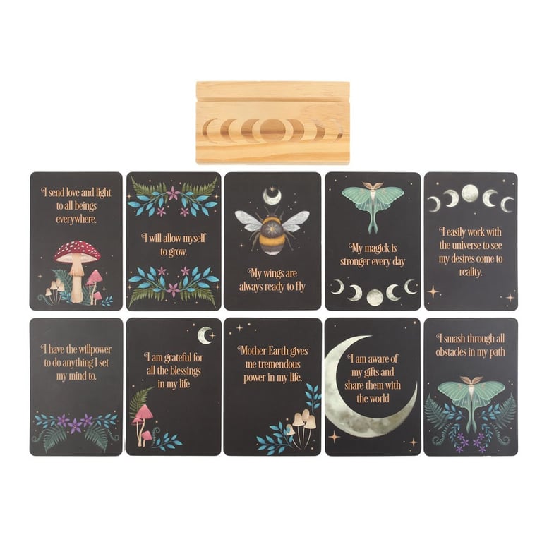 Affirmation Cards Set with Wooden Moon Phase Stand and Mystical Forest Designs