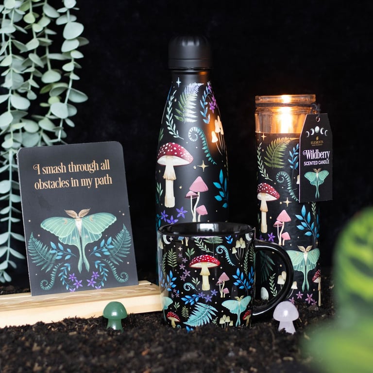 Affirmation Cards Set with Wooden Moon Phase Stand and Mystical Forest Designs