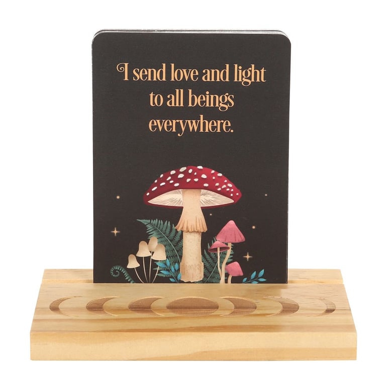 Affirmation Cards Set with Wooden Moon Phase Stand and Mystical Forest Designs
