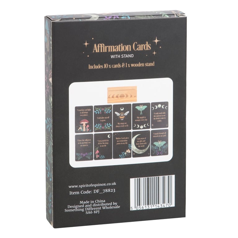 Affirmation Cards Set with Wooden Moon Phase Stand and Mystical Forest Designs