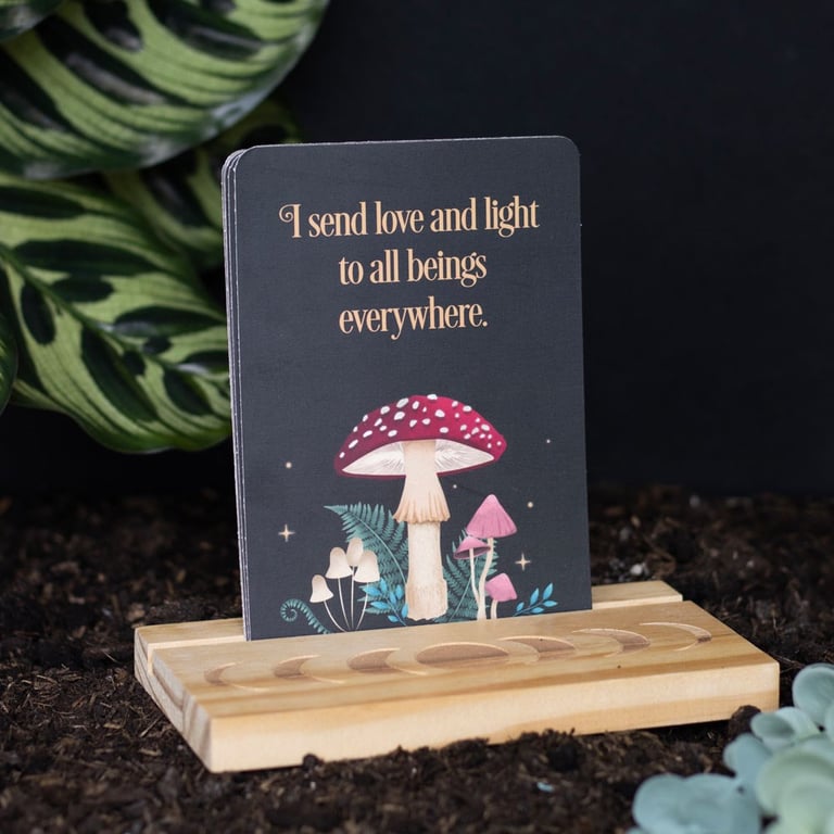 Affirmation Cards Set with Wooden Moon Phase Stand and Mystical Forest Designs
