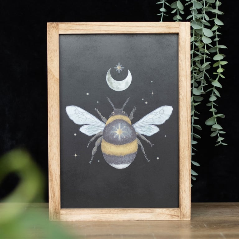Forest Bee Framed Wall Print - Nature Decor for Home, Moon and Star Design