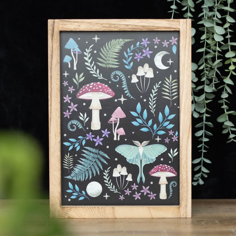 Dark Forest Framed Wall Print - Mystical Nature Decor with Glowing Luna Moth