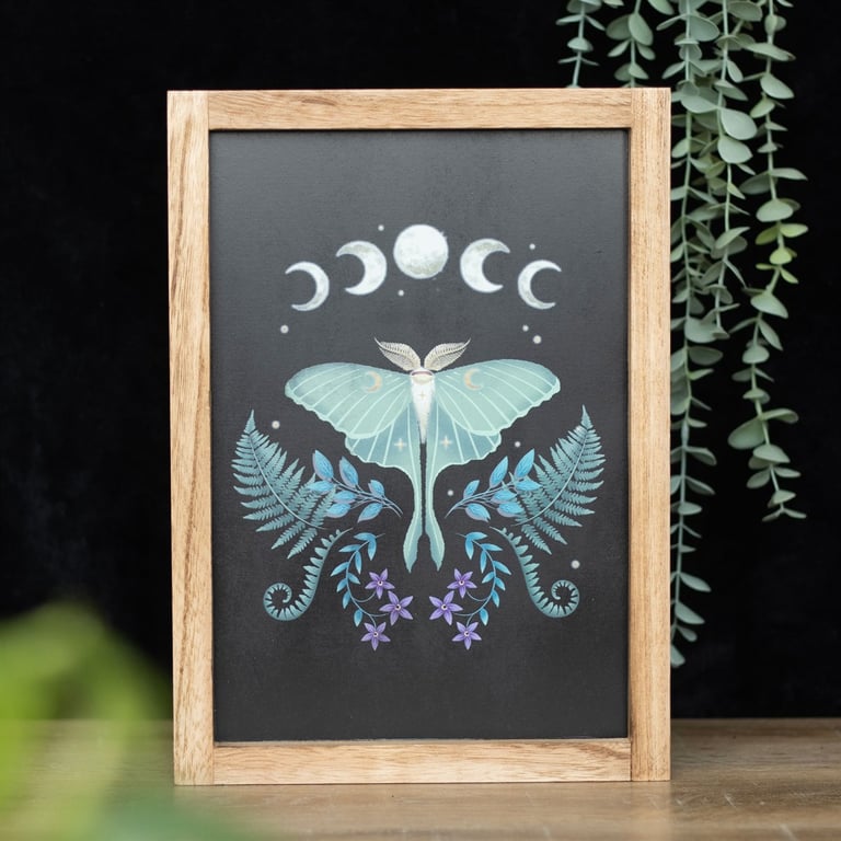 Luna Moth Wooden Framed Print - Nature Decor Wall Art with Moon Phases and Flowers