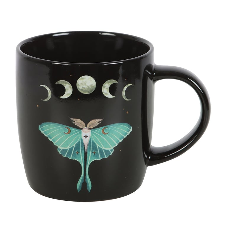 Dark Forest Luna Moth Ceramic Mug, 340ml - Intricate Design & Moon Phase Illustrations