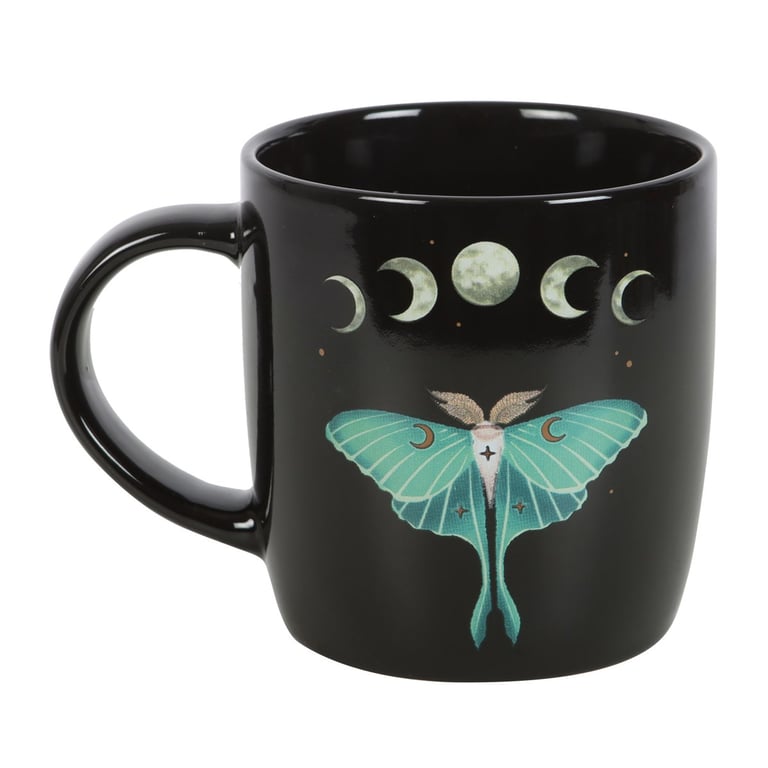 Dark Forest Luna Moth Ceramic Mug, 340ml - Intricate Design & Moon Phase Illustrations