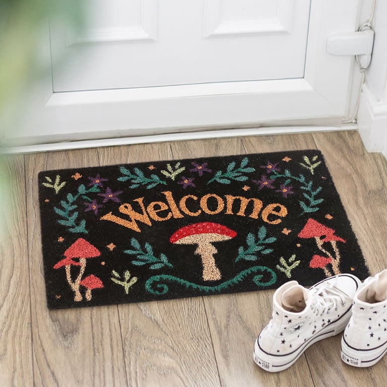 Black Mushroom Welcome Doormat - Mystical Forest Design, Indoor/Outdoor Welcome Mat