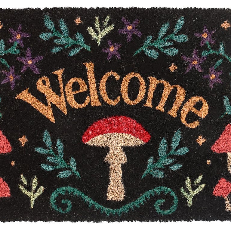 Black Mushroom Welcome Doormat - Mystical Forest Design, Indoor/Outdoor Welcome Mat