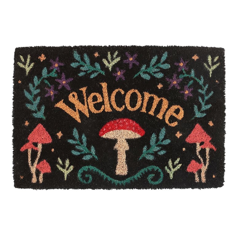 Black Mushroom Welcome Doormat - Mystical Forest Design, Indoor/Outdoor Welcome Mat