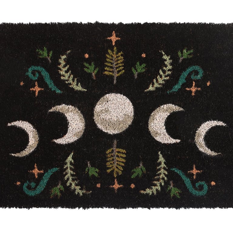 Black Dark Forest Moon Phase Doormat - Weather-Resistant Indoor Welcome Mat with Magical Plant Accents