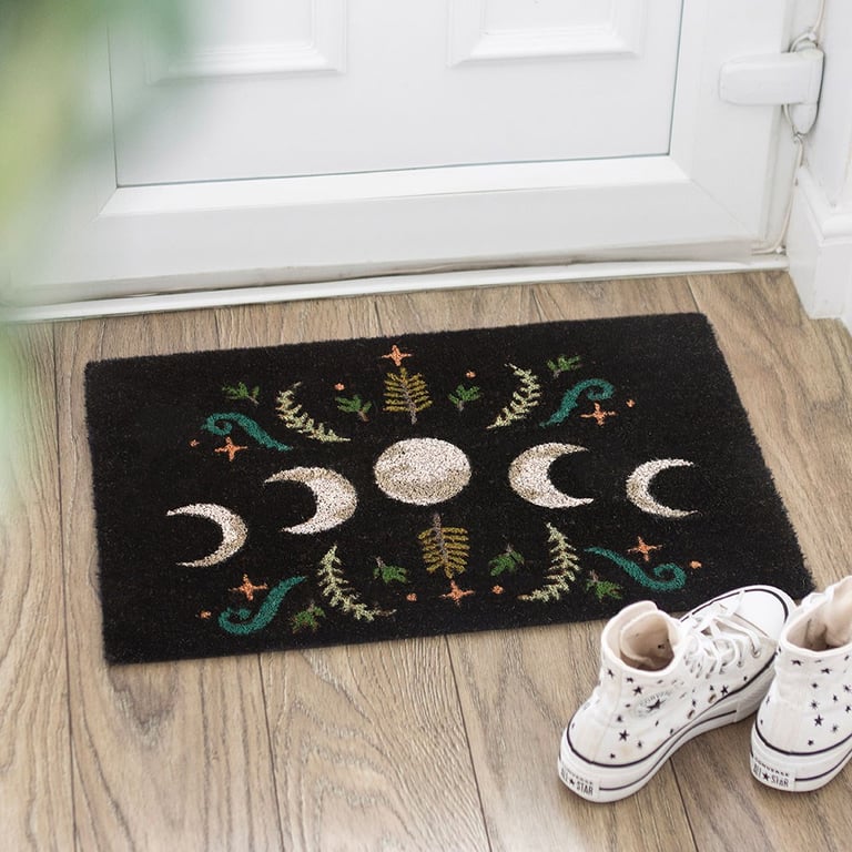 Black Dark Forest Moon Phase Doormat - Weather-Resistant Indoor Welcome Mat with Magical Plant Accents