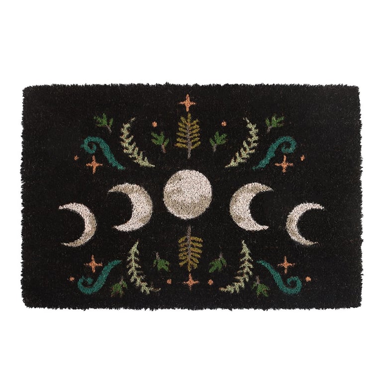Black Dark Forest Moon Phase Doormat - Weather-Resistant Indoor Welcome Mat with Magical Plant Accents