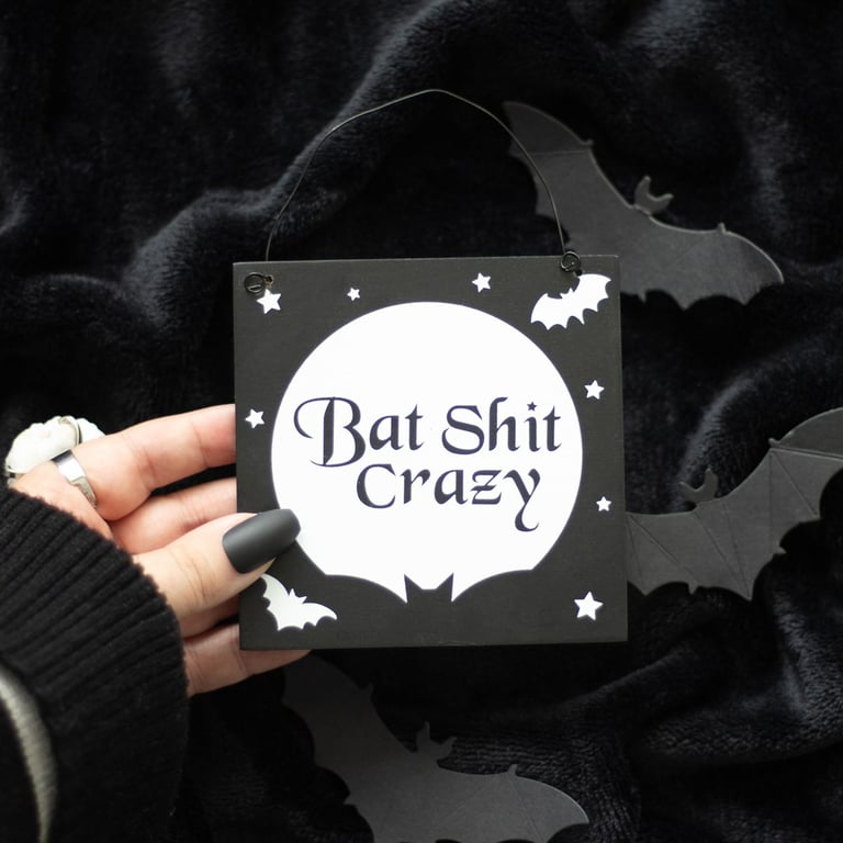 Bat Shit Crazy Comically Dramatic Hanging Moon Sign - Embrace Your Dark Side Decor