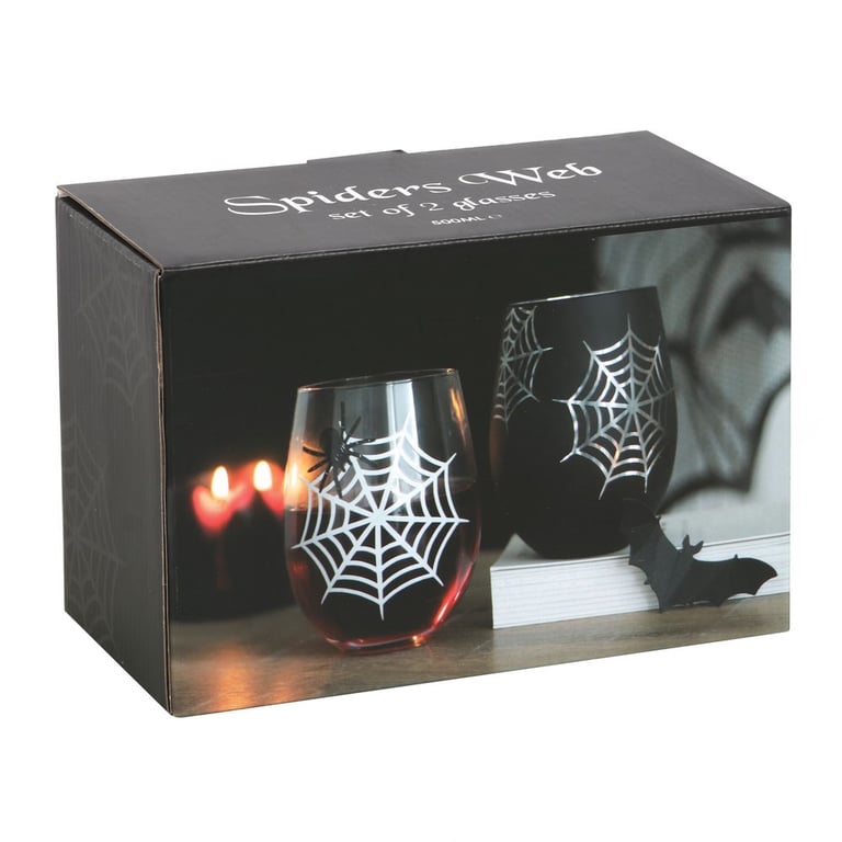 Spider and Web Stemless Wine Glasses Set, 500ml Capacity, Hand Wash Only