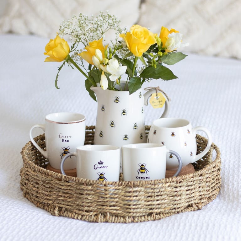 Bee Print Rounded Mug - Microwave & Dishwasher Safe Bone China Ceramic