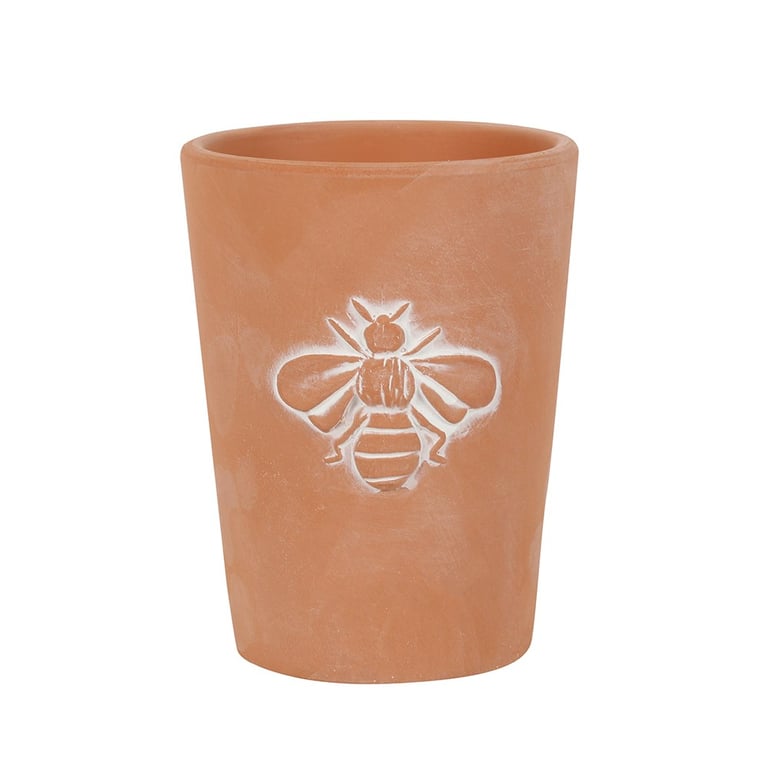 Terracotta Single Bee Motif Planter - Small Succulent Pot with Whitewash Effect and Drainage Hole