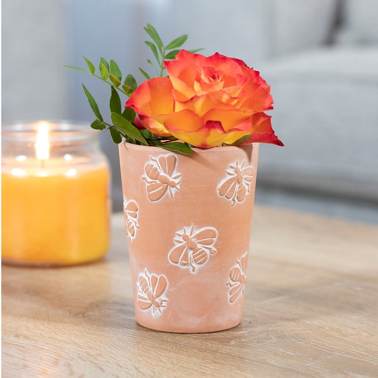 Small Whitewashed Terracotta Bee Pattern Plant Pot for Succulents and Bouquets