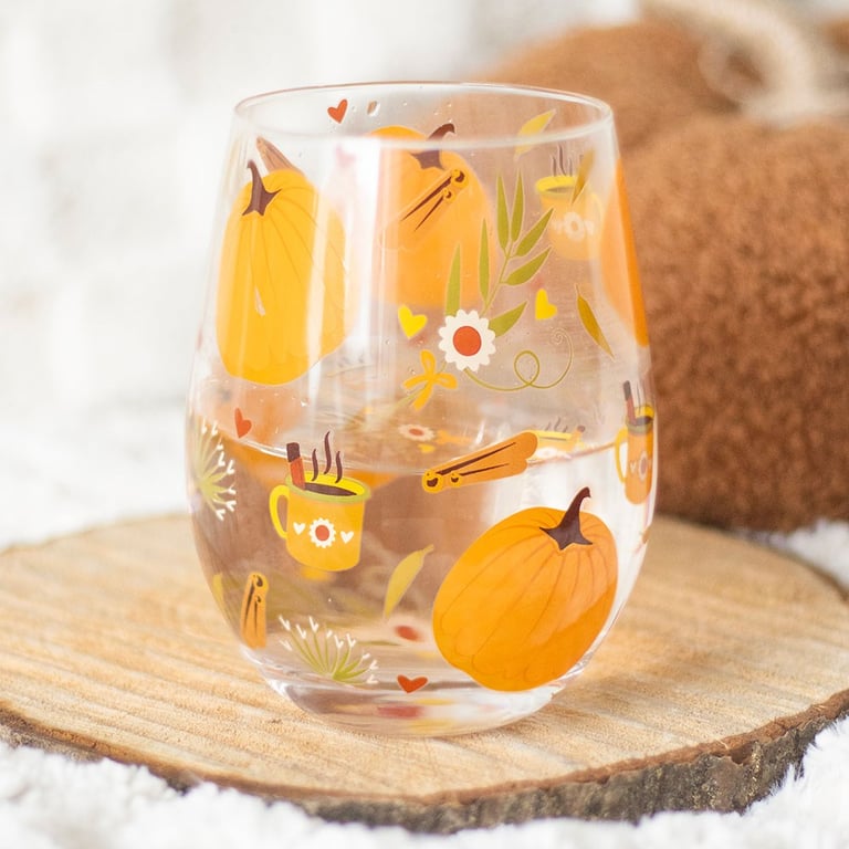 Autumn Days Print Stemless Glass - Seasonal Tableware with Cozy Autumnal Design, 550ml Capacity
