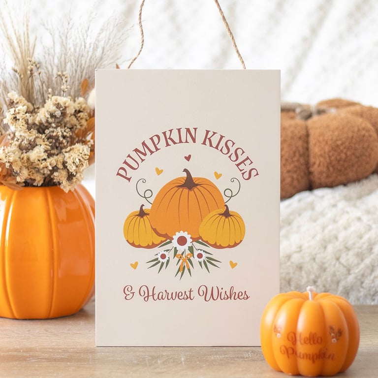 Pumpkin Kisses & Harvest Wishes Autumn Hanging Sign - MDF Decoration