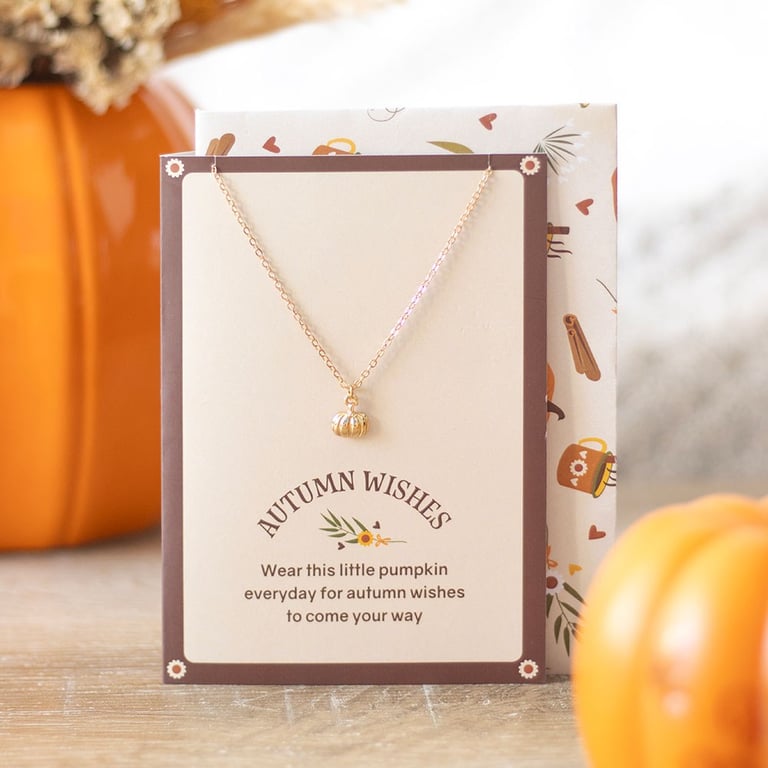 Gold-Toned Pumpkin Necklace & Autumn Greeting Card Gift Set