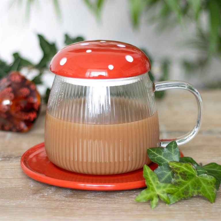 Glass Mushroom Mug and Saucer Set - Contemporary Glassware with Lid and Coaster