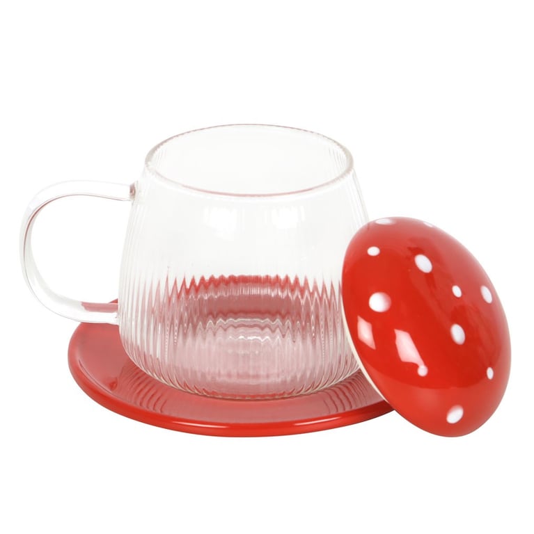 Glass Mushroom Mug and Saucer Set - Contemporary Glassware with Lid and Coaster