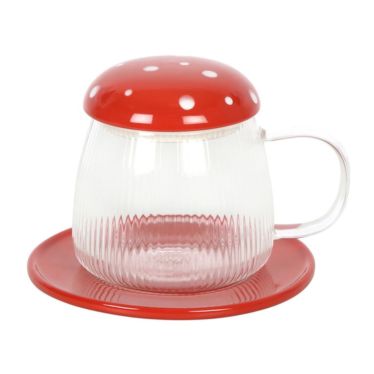 Glass Mushroom Mug and Saucer Set - Contemporary Glassware with Lid and Coaster