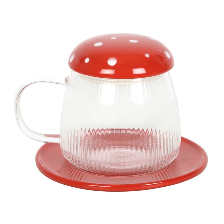 Glass Mushroom Mug and Saucer Set - Contemporary Glassware with Lid and Coaster
